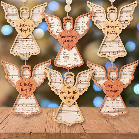 6Pcs Christmas Tree Decorations Angel Music Sheet Ornaments Set Wooden Music Instrumental Angel-Shaped Decorative