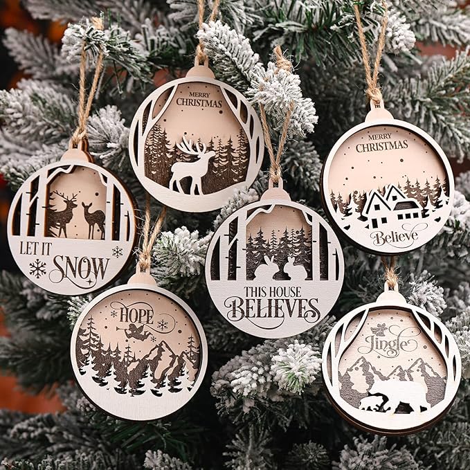 6 Pcs Christmas Ornaments for Tree Wooden Christmas Hanging Decorations Rustic Hollow Woodland Reindeer Snowflake for Tree