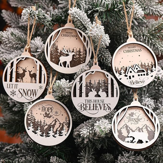 6 Pcs Christmas Ornaments for Tree Wooden Christmas Hanging Decorations Rustic Hollow Woodland Reindeer Snowflake for Tree