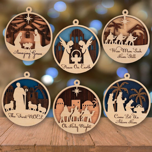 6Pcs Nativity Scene Christmas Tree Decorations Wooden Christian Nativity Ornaments Set 3D Layered Decorative Hanging Round Pendants