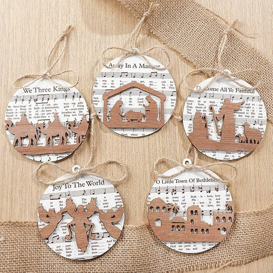 24 Pcs Christmas Nativity Story Wooden Ornaments Gift Set Bulk Christian Music Sheet Nativity Scene Hanging Xmas Tree