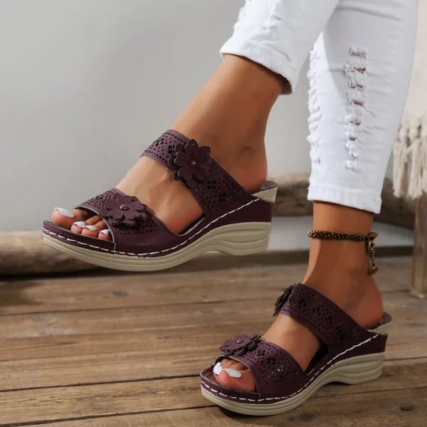Women Slippers Women's Shoes Retro Roman Sandals Women Pu Casual Flower Wedge Sandals Platform Slippers - Image 5
