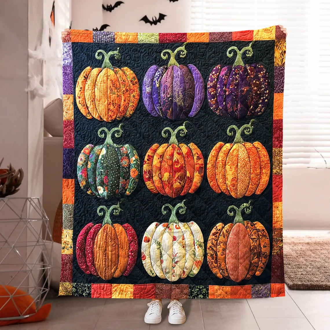 Pumpkin Quilt Blanket, Fall Halloween Decor Throw, Colorful Autumn Pumpkins Bed Blanket, Cozy Farmhouse Style Gift for Her or Mom