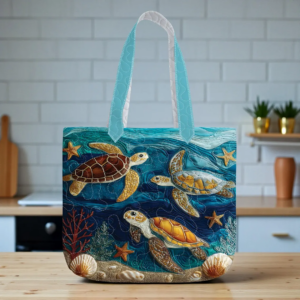 Quilted Beach Turtle Quilted Tote Bag, Marine Wildlife Design, Coastal Style Tote, Ocean Handbag